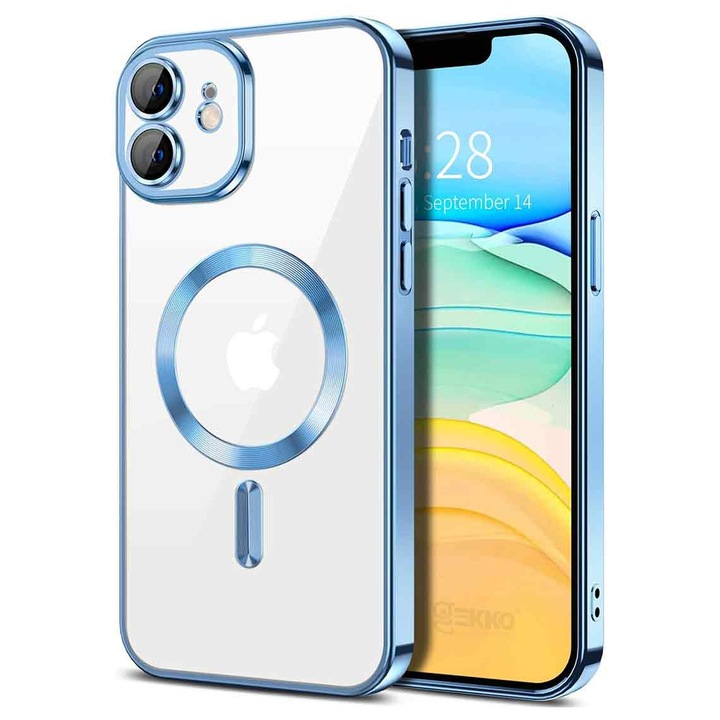 Husa Magnetica pentru iPhone 11, din silicon cu Inel MagSafe integrat, protectie camera si lentile, Transparenta cu margine platinata, Blue Albastru deschis