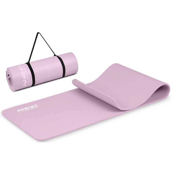 Saltea pentru antrenament, pentru yoga, fitness, aerobic, pilates, exercitii la sol, cu maner de transport, Neo-Sport, Spuma NBR, 183 x 60 cm, violet