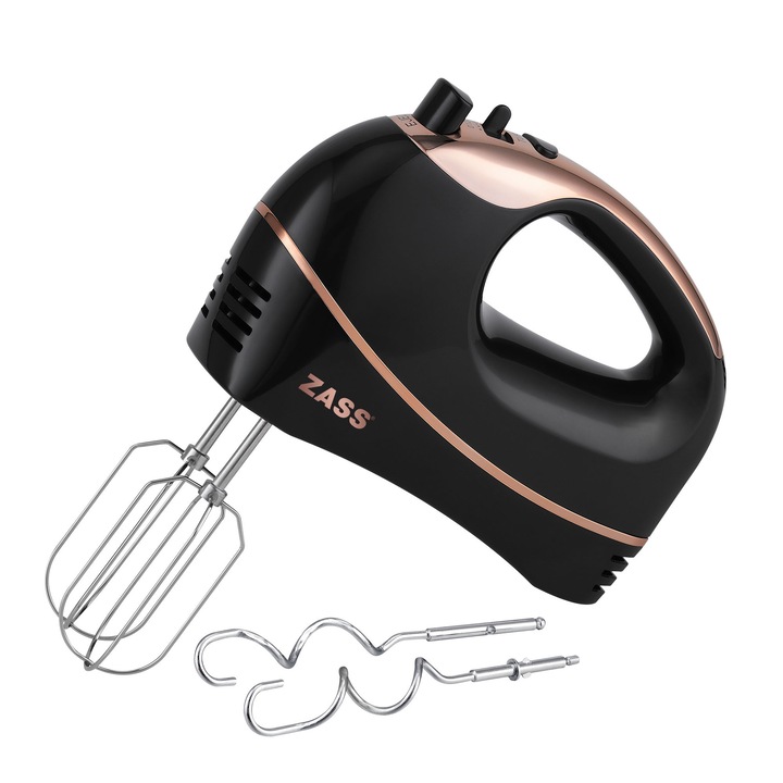 Ръчен миксер Zass ZHM 20 Rose Gold, мощност 300W, отделен бутон за освобождаване на аксесоарите, 5 скорости, 2 дръжки и 2 хромирани куки, черен