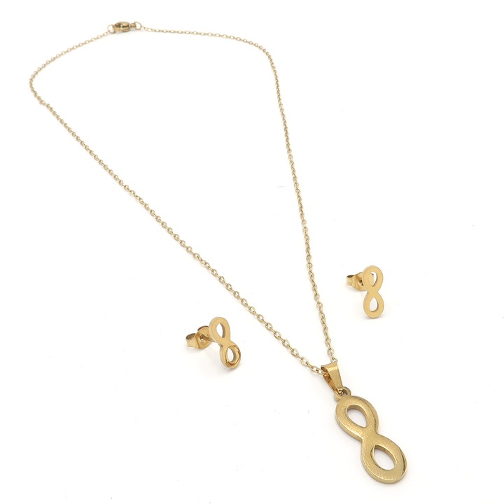 Set Bijuterii Colier si Cercei cu Pandantiv Infinity Otel Inoxidabil Auriu – Rafinament si Semnificatie