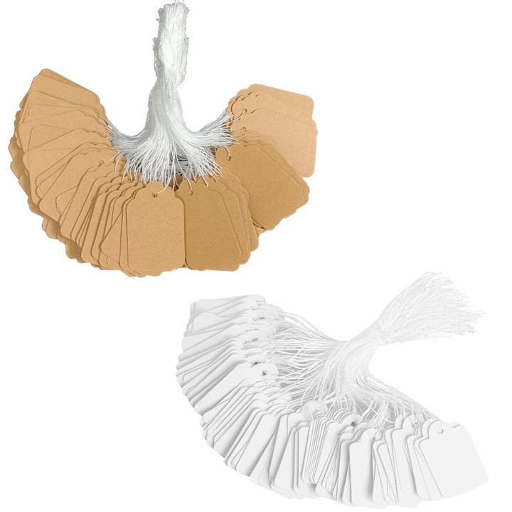 Etichete decorative cu gaura si snur, BOMSTOM, 400 Buc, Usor de utilizat si de indepartat, Pentru impachetarea cadourilor, nota, carte de dorinta, felicitare, decor de vacanta, decor de nunta, Hartie kraft, 4.8 x 3cm, Maro+Alb