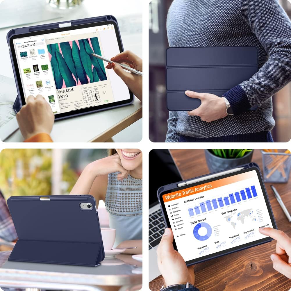 Husa pentru iPad 11 2025, iPad 10 2022 Soft Shell cu functie wake-up/sleep si compartiment pentru Apple Pen tip stand navy blue