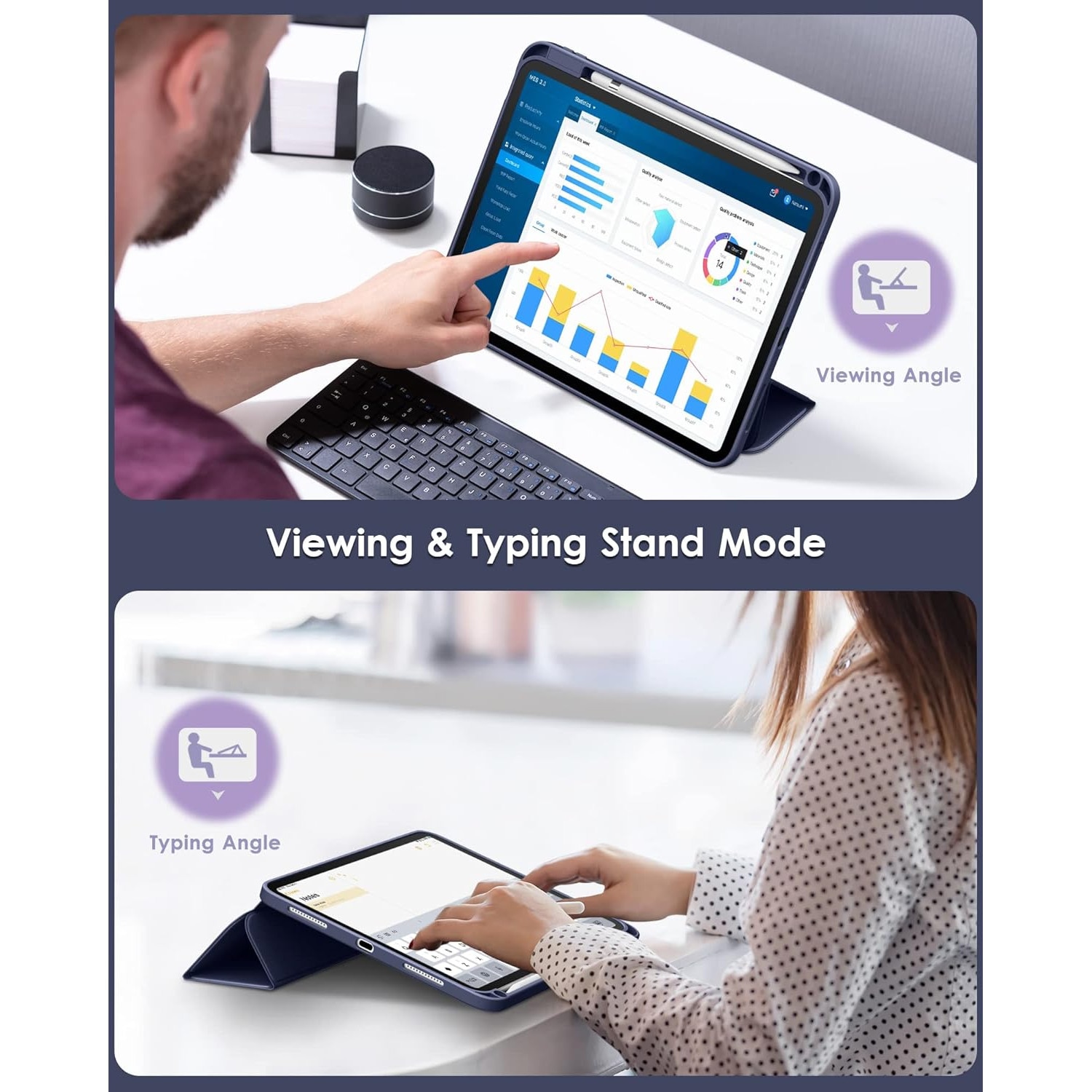 Husa pentru iPad 11 2025, iPad 10 2022 Soft Shell cu functie wake-up/sleep si compartiment pentru Apple Pen tip stand navy blue