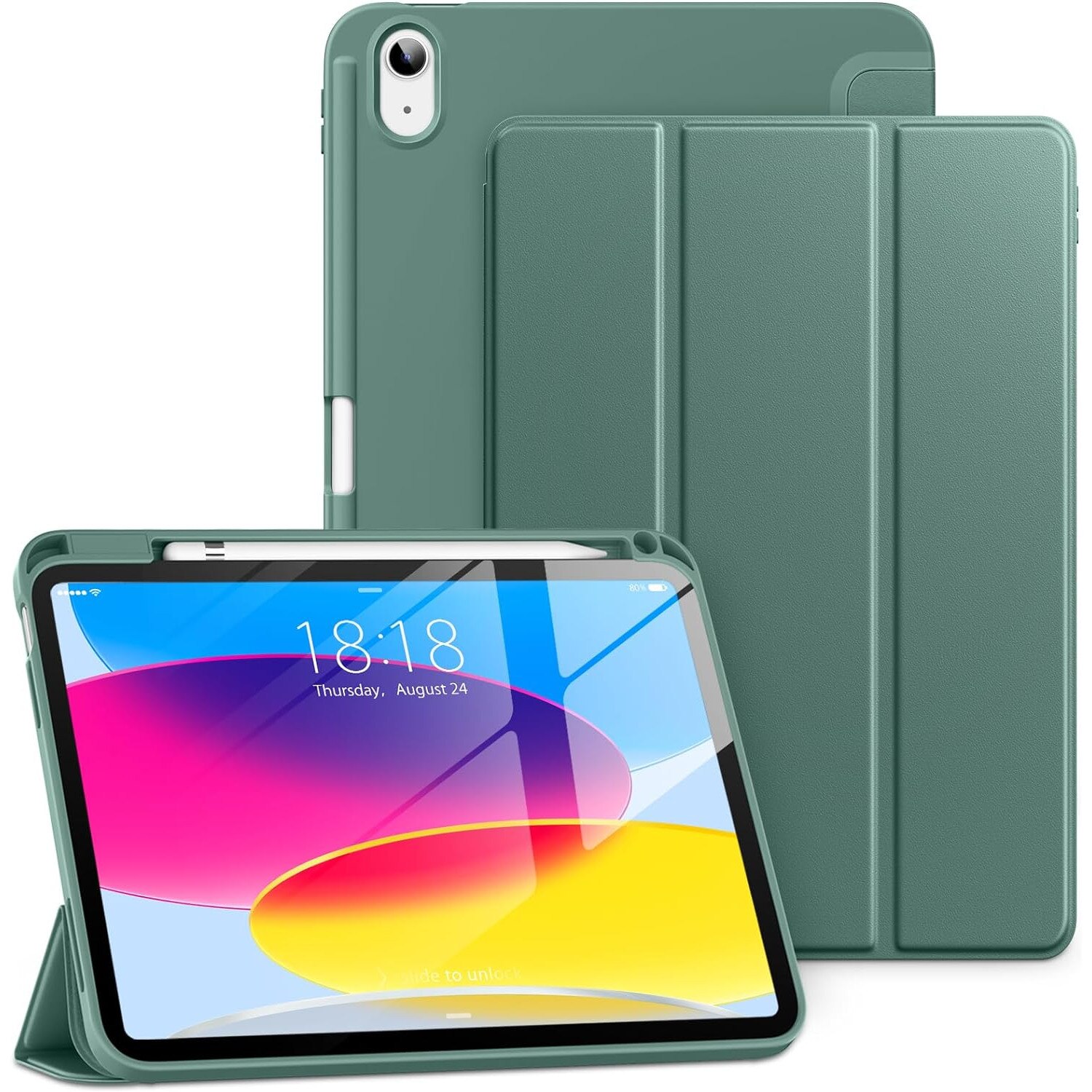 Husa pentru iPad 11 2025, iPad 10 2022 Soft Shell cu functie wake-up/sleep si compartiment pentru Apple Pen tip stand verde inchis