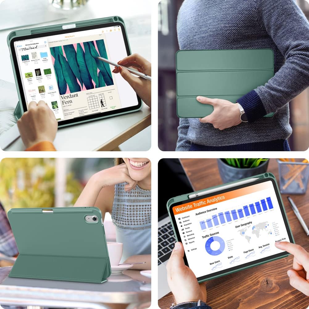 Husa pentru iPad 11 2025, iPad 10 2022 Soft Shell cu functie wake-up/sleep si compartiment pentru Apple Pen tip stand verde inchis