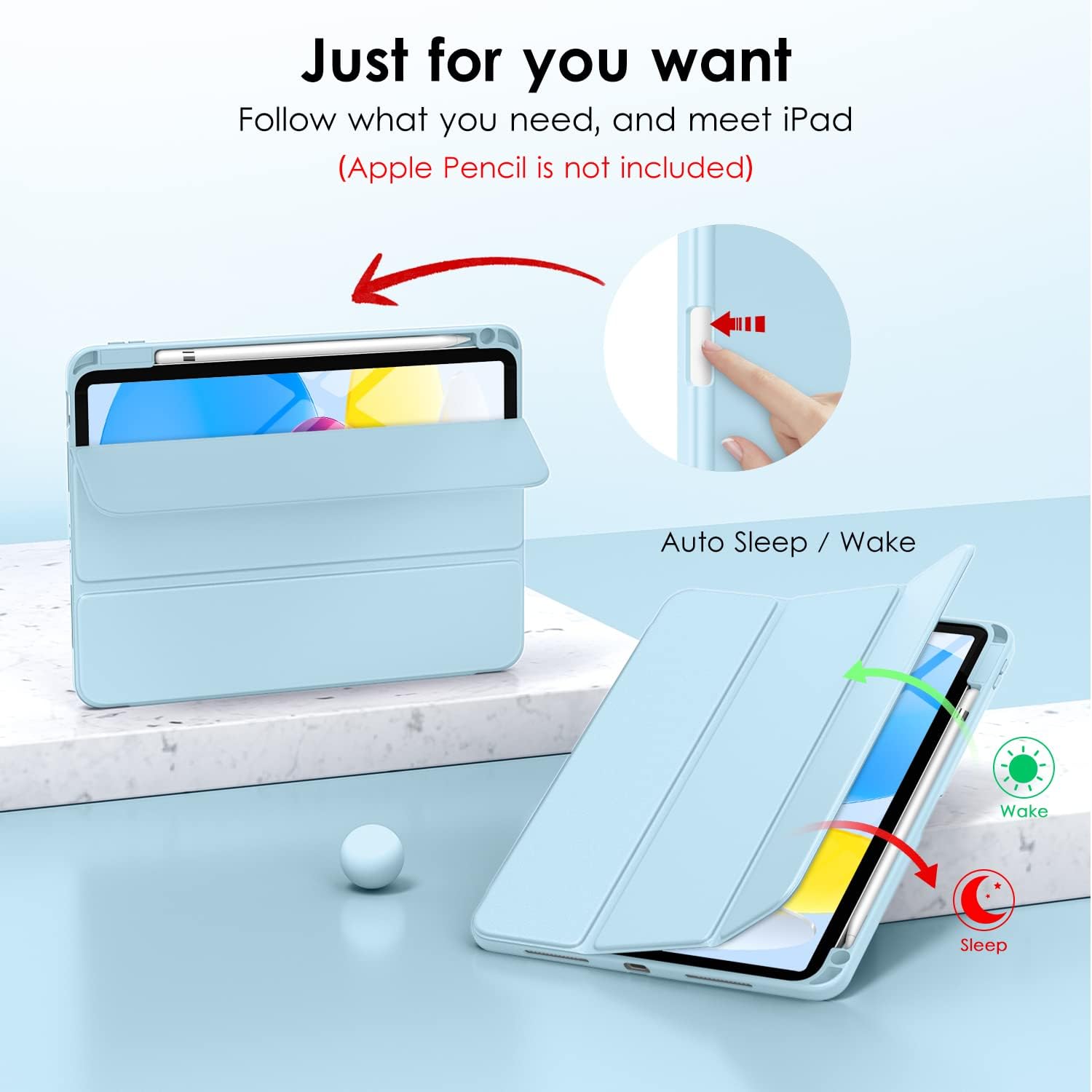 Husa pentru iPad 11 2025, iPad 10 2022 Soft Shell cu functie wake-up/sleep si compartiment pentru Apple Pen tip stand sky blue