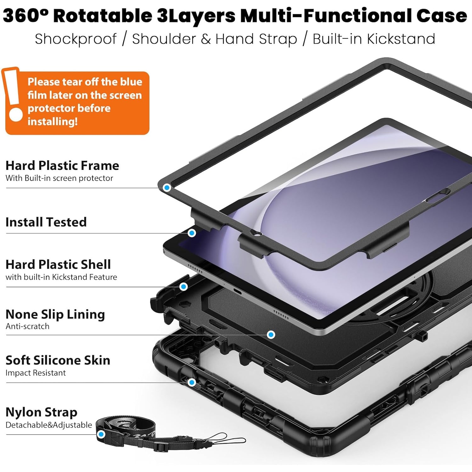 Pachet 360: Husa cu folie integrata pentru Samsung Galaxy Tab A11 Plus / A9+ Plus 11 inch Shockproof Armor, negru