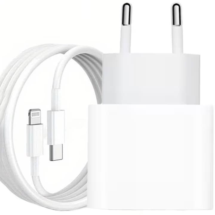 Комплект зарядно устройство Printery®, съвместимо с iPhone 14 Plus/14/13/12/11/Pro/Pro Max/iPad/ AirPods, USB-C - Lightning Type Cable, 100 cm, 20W Fast Charging Network Adapter, Chalk White
