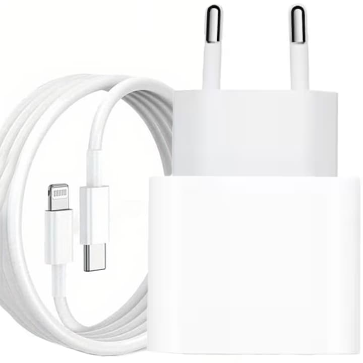 Set Incarcator Printery® Compatibil cu iPhone 14 Plus/14/13/12/11/Pro/Pro Max/iPad/ AirPods, Cablu USB-C - tip Lightning, 100 cm, Adaptor Retea cu Incarcare Rapida 20W, Alb Creta