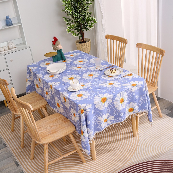 Fata de Masa Bucatarie, Patrata, Material Textil, Bumbac si In, Margine Brodata, Ciucuri, Imprimeu Flori, Margarete, Alb-Albastru, 150 x 150 cm