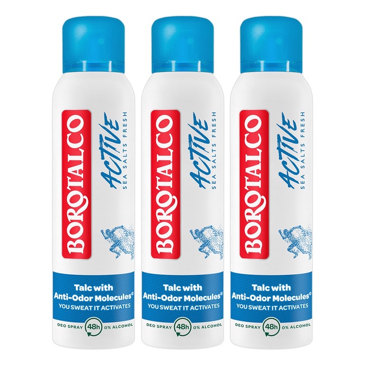 Pachet 3 x Deodorant Spray Borotalco, Active sare marina, 150 ml