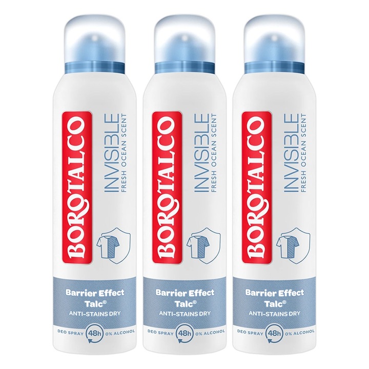 Pachet 3 x Deodorant Spray Borotalco, Invisible Fresco, 150 ml