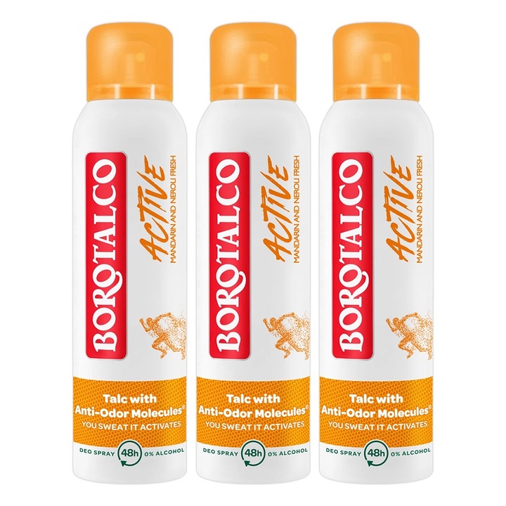 Pachet 3 x Deodorant Spray Borotalco, Active Parfum de Mandarine, 150 ml