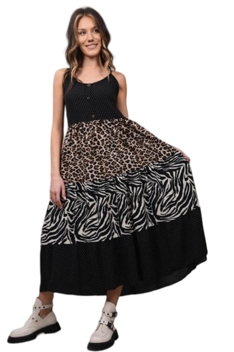 Rochie lunga cu bretele subtiri multicolora nilde, Negru, M-L