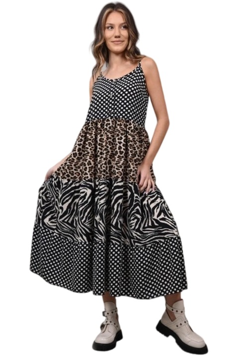 Hosszú ruha vékony pántokkal, többszínű nilde, Barna, M-L