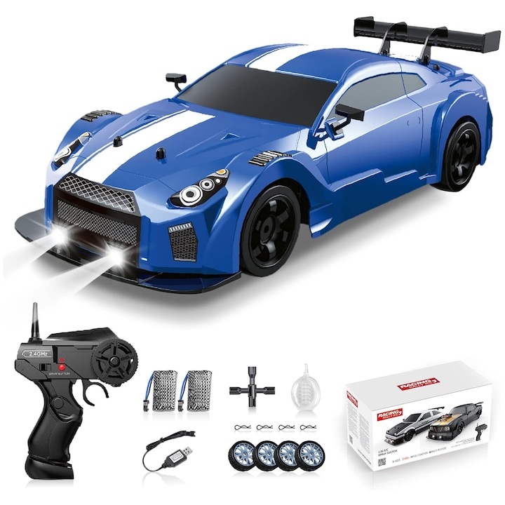 Дистанционно управление RC Car Drift Car LED светлини Сменяеми гуми 2.4GHz 1:16 Drifting Tires Racing Sport Toy Cars за възрастни Момчета Момичета Детски подарък, WALALLA, Син