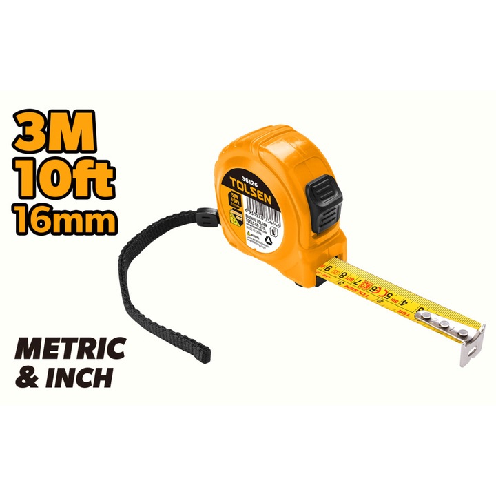 Ruleta 3 m x 16 mm metrica si inci Tolsen, carcasa ABS cu TPR, precizie Clasa MID II, profesionala