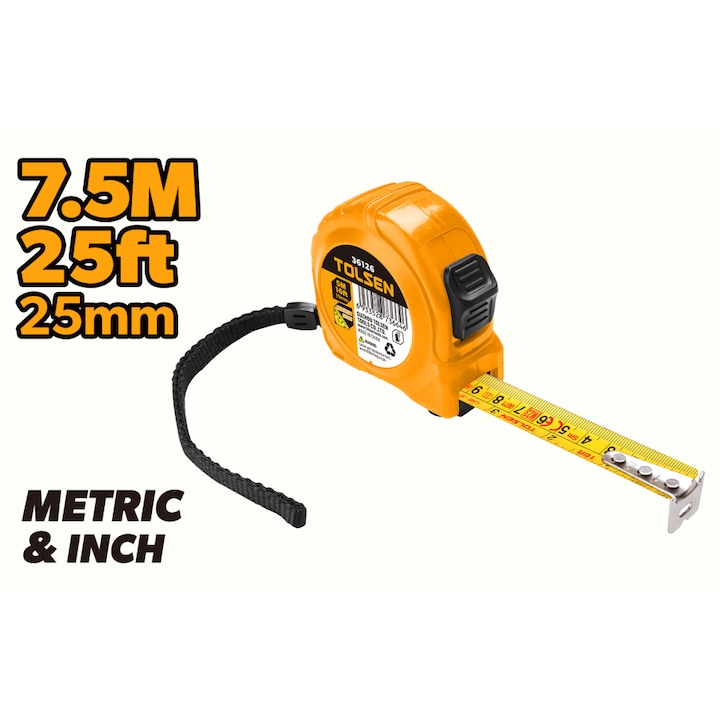 Ruleta 7.5 m x 25 mm metrica si inci Tolsen, carcasa ABS cu TPR, precizie Clasa MID II, profesionala