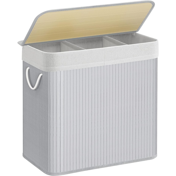 Сгъваем бамбуков кош за пране, 3 секции, капацитет 150 L, с капак и странични дръжки, 60 x 40 x 61,5 cm, сив