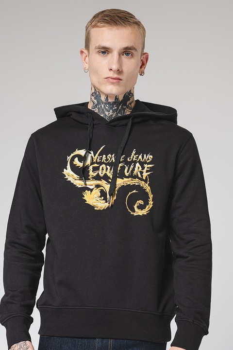 Versace Jeans Couture, Hanorac din bumbac cu imprimeu logo, Auriu/Negru