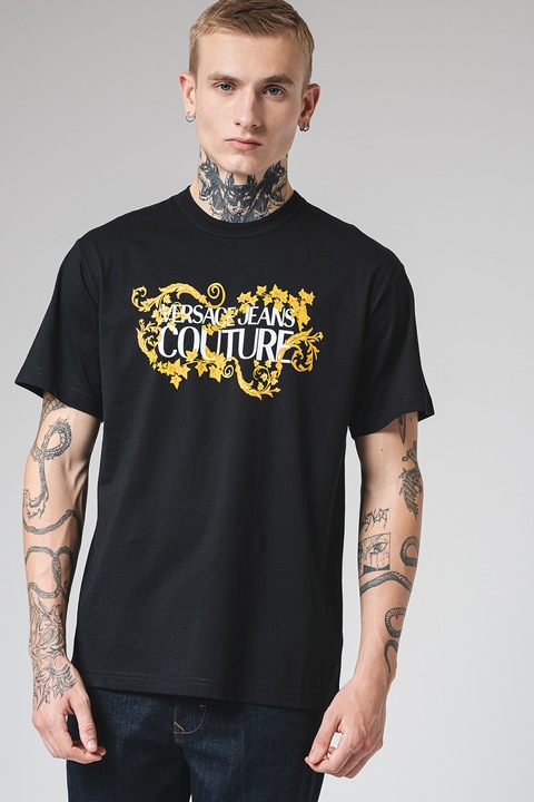 Versace Jeans Couture, Tricou din bumbac cu imprimeu logo, Auriu/Negru/Alb optic