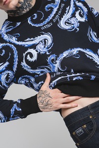 Versace Jeans Couture, Bluza de trening din bumbac cu decolteu la baza gatului, Negru, Albastru lavanda, Alb murdar, L