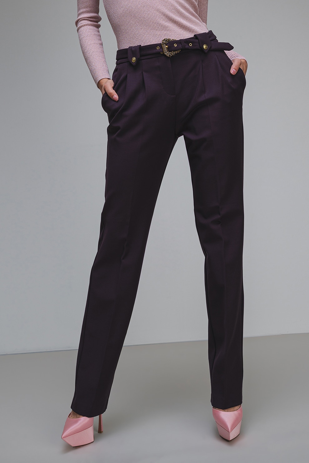 Versace Jeans Couture, Pantaloni cu croiala dreapta, curea in talie si pliuri frontale, Vilolet pruna, 40