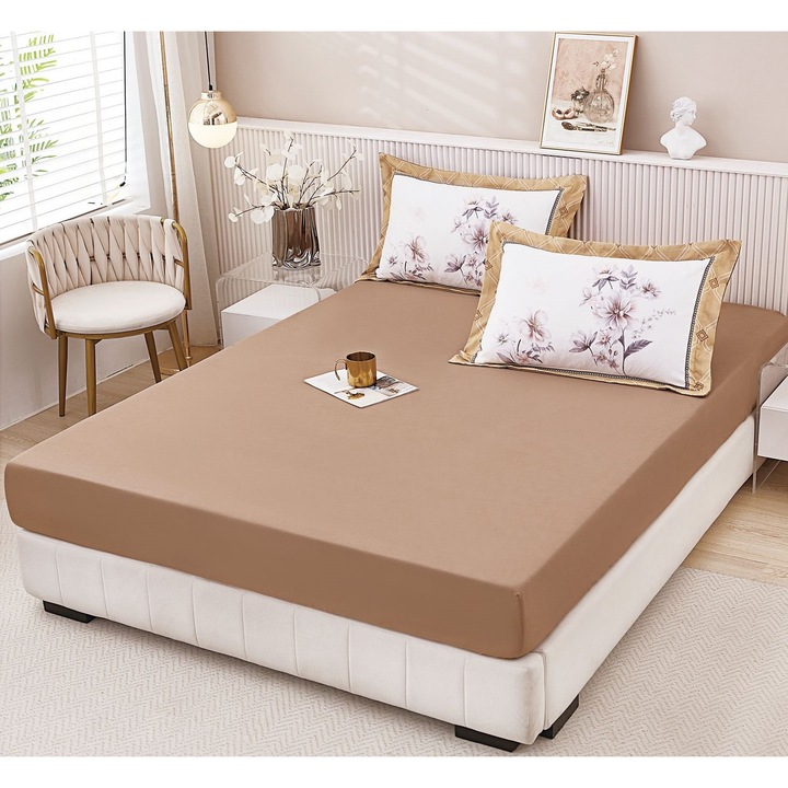Husa de pat si 2 fete de perna, cu elastic, Finet, 2 persoane,160x200cm, Maro