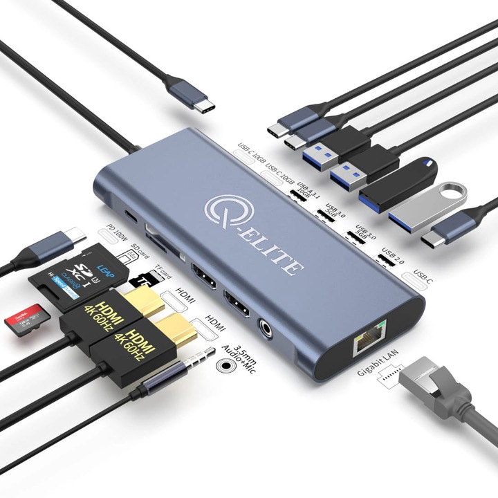 Docking Station Hub USB-C, 14 in 1, Q-Elite®, 2xHDMI 4K@60Hz, USB-C PD 100W, 2xUSB-C 3.1 10Gbps, USB-A 3.1 5Gbps, USB-A 3.1, 1000Mbps Ethernet Gigabit, Cititor SD/TF, Jack 3.5mm Audio/Mic