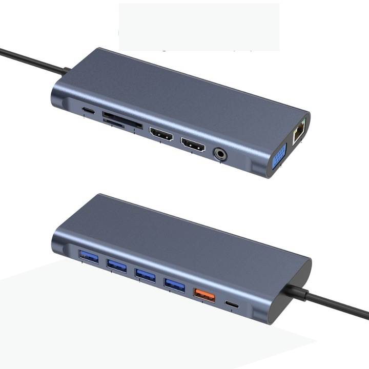 Адаптер Докинг станция USB-C, 14 в 1, Q-Elite®, 1 RJ45 x 1000Mbps Gigabit Ethernet порт, 2x 4K HDMI, 1x VGA порт, 1x USBA 3.1, 2x USB3.0, 2xUSB2.0, 1x USB-C данни Порт, 1x TypeC 3.1 PD порт, 1x слот за SD карта, 1x TF карта, 1x 3,5 mm аудио/микрофон