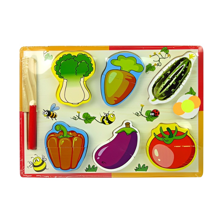 Puzzle 3D educativ incastru Montessori cu legume de taiat, Onore, multicolor, lemn, 30 x 22.5 cm, 14 piese