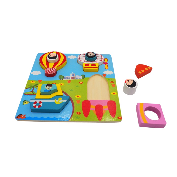 Puzzle 3D educativ incastru si sortator Montessori cu racheta si baloane, Onore, multicolor, lemn, 18 x 18 cm, 8 piese