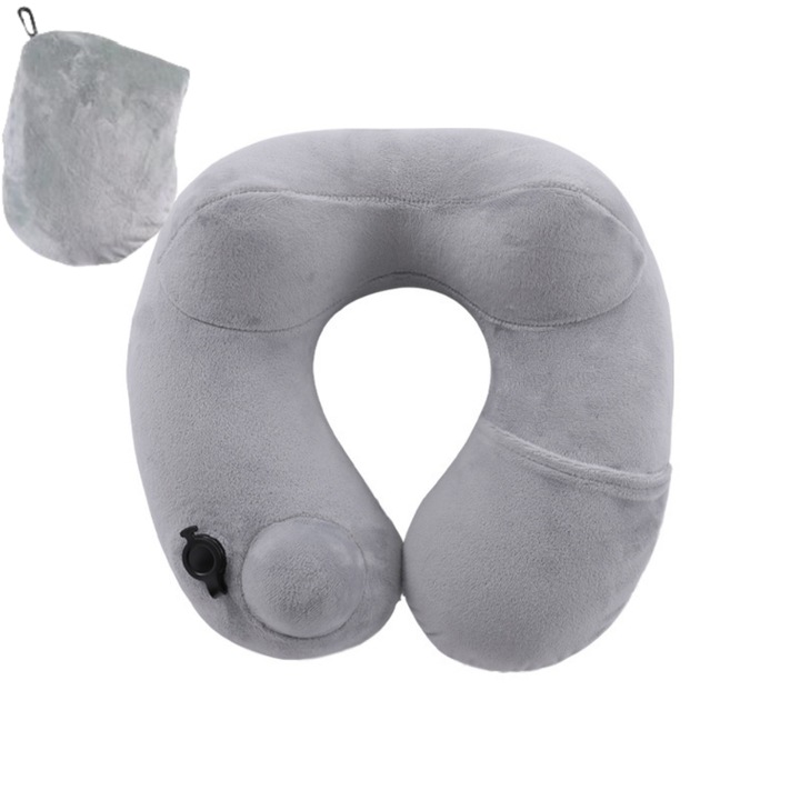 Ergonomikus nyakpárna, állítható támaszték, könnyen felfújható, levehető és mosható huzattal, tárolótáskával, szürke