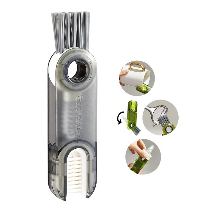 Perie 3 in 1 pentru Capace de Sticle/Cani - Instrument Multifunctional pentru Curatat Paie si Spatii Inguste, gri