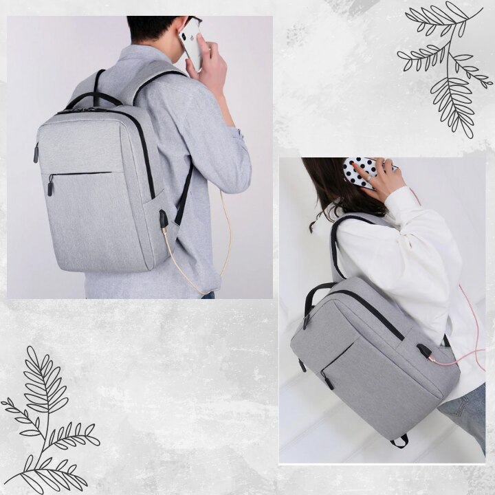 Ghiozdan laptop, port de incarcare USB, pentru universitate si calatorii, Unisex, buzunar superior lateral si buzunar de umbrela, Poliester, Gri, 16 inch