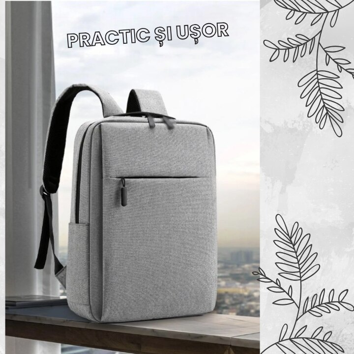 Ghiozdan laptop, port de incarcare USB, pentru universitate si calatorii, Unisex, buzunar superior lateral si buzunar de umbrela, Poliester, Gri, 16 inch