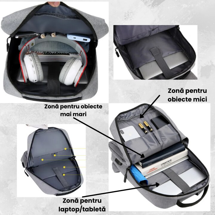 Ghiozdan laptop, port de incarcare USB, pentru universitate si calatorii, Unisex, buzunar superior lateral si buzunar de umbrela, Poliester, Gri, 16 inch