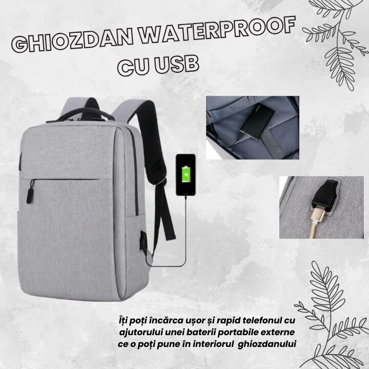 Ghiozdan laptop, port de incarcare USB, pentru universitate si calatorii, Unisex, buzunar superior lateral si buzunar de umbrela, Poliester, Gri, 16 inch