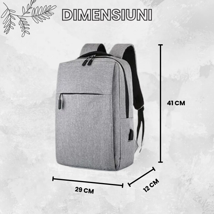 Ghiozdan laptop, port de incarcare USB, pentru universitate si calatorii, Unisex, buzunar superior lateral si buzunar de umbrela, Poliester, Gri, 16 inch