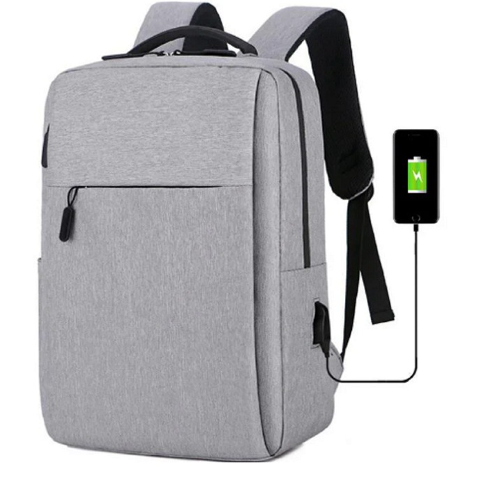 Ghiozdan laptop, port de incarcare USB, pentru universitate si calatorii, Unisex, buzunar superior lateral si buzunar de umbrela, Poliester, Gri, 16 inch