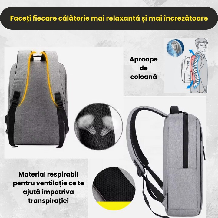 Ghiozdan laptop, port de incarcare USB, pentru universitate si calatorii, Unisex, buzunar superior lateral si buzunar de umbrela, Poliester, Gri, 16 inch