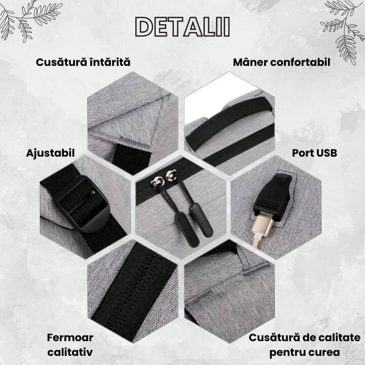 Ghiozdan laptop, port de incarcare USB, pentru universitate si calatorii, Unisex, buzunar superior lateral si buzunar de umbrela, Poliester, Gri, 16 inch