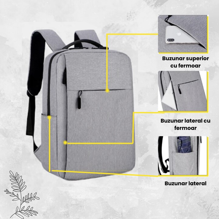Ghiozdan laptop, port de incarcare USB, pentru universitate si calatorii, Unisex, buzunar superior lateral si buzunar de umbrela, Poliester, Gri, 16 inch
