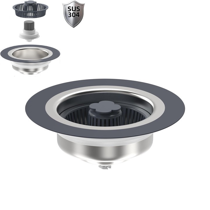 Sita de scurgere pentru chiuveta, 3 in 1, dop pentru deseuri, dezodorizant pentru filtru de chiuveta, accesorii de bucatarie, otel inoxidabil 304, pentru scurgere de 72 – 87 mm, argintiu