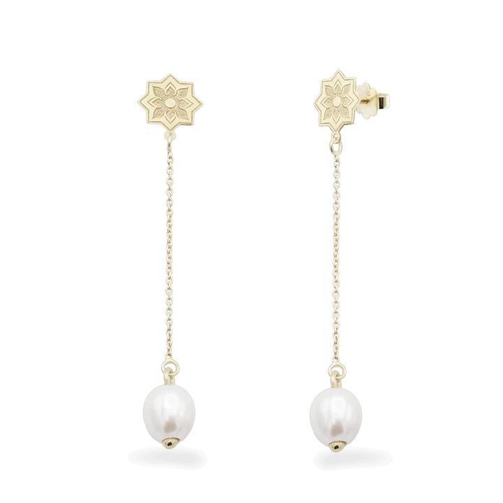 Cercei lungi PEARL OF SAMARKAND, aur galben 14K