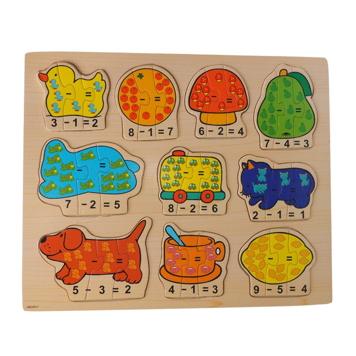 Puzzle educativ Montessori cu calcule, animale si alimente, Onore, multicolor, lemn, 35 x 29 cm, 30 piese