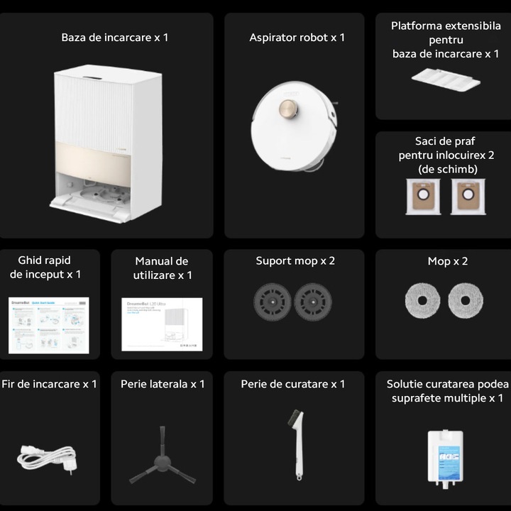 Robot de aspirare cu mop rotativ Dreame L20 Ultra RLX41CE-1, statie automata de golire 3.2l, 7000Pa, rezervor praf 0.3l, rezervor apa 0.08l, baterie 6400mAh, autonomie pana la 180 min, alb