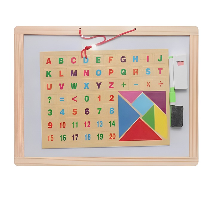 Монтесори двустранна магнитна образователна дъска с азбука, пъзел танграм, цифри и знаци за изчисление, Onore, многоцветна, дърво, 33 x 43,5 см, 64 части