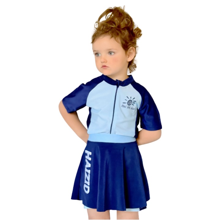 Costum de baie din doua piese Mixbo, Swim Girl, model rochita, albastru