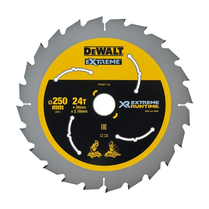 Panza fierastrau circular Dewalt EXTREME RUNTIME, 250x30x2.15mm, 24 dinti